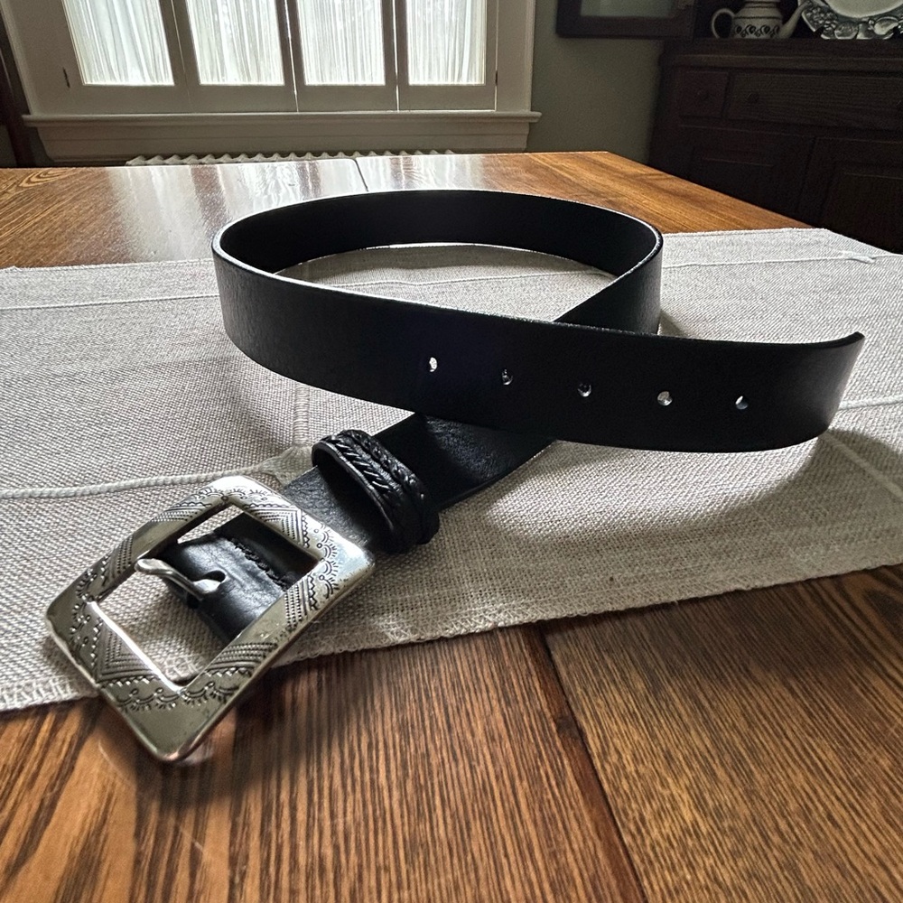 Brighton Vintage Black Leather Belt with Silver Buckle, Size 36